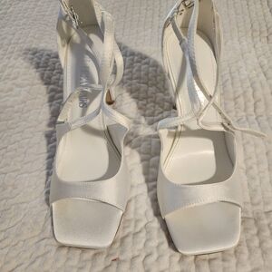 White strappy satin heels